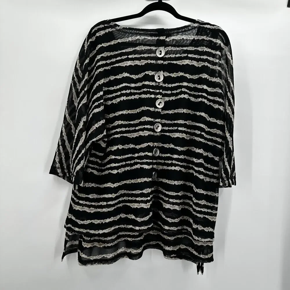 Ali Miles Top Shirt Tunic Womens 1X 1XL Black Mesh‎ Stripe back Buttons Art - Picture 5 of 12